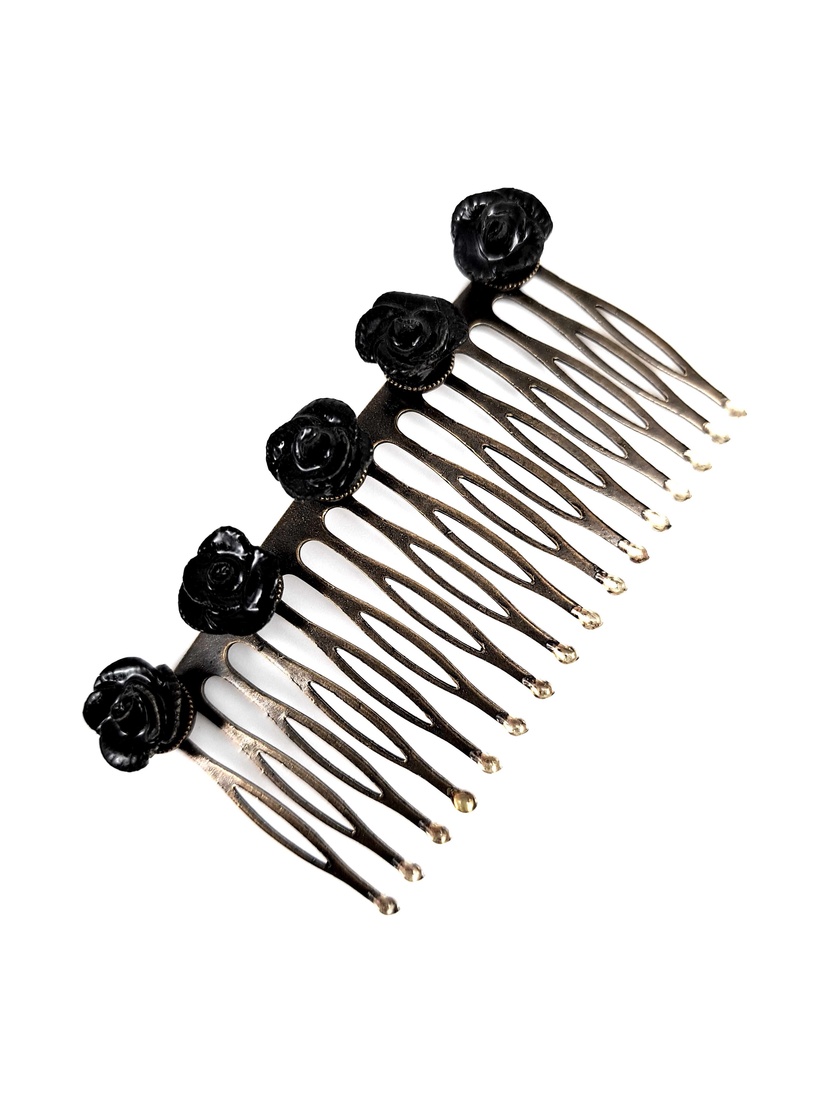 Vintage-Look Haarkamm, Antikgold mit schwarzen Blumen