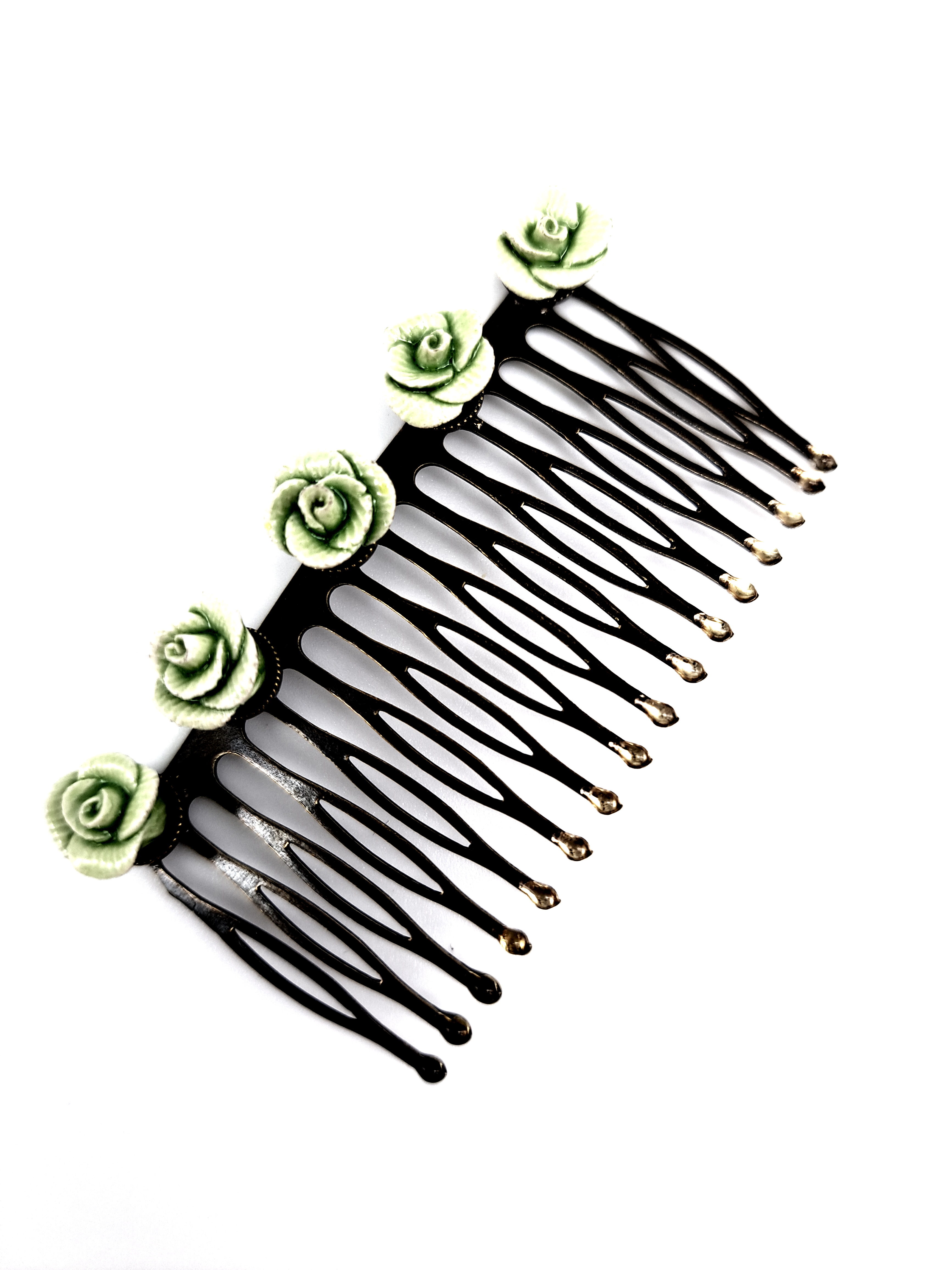 Vintage-Look Haarkamm, Antikgold mit grünen Blumen