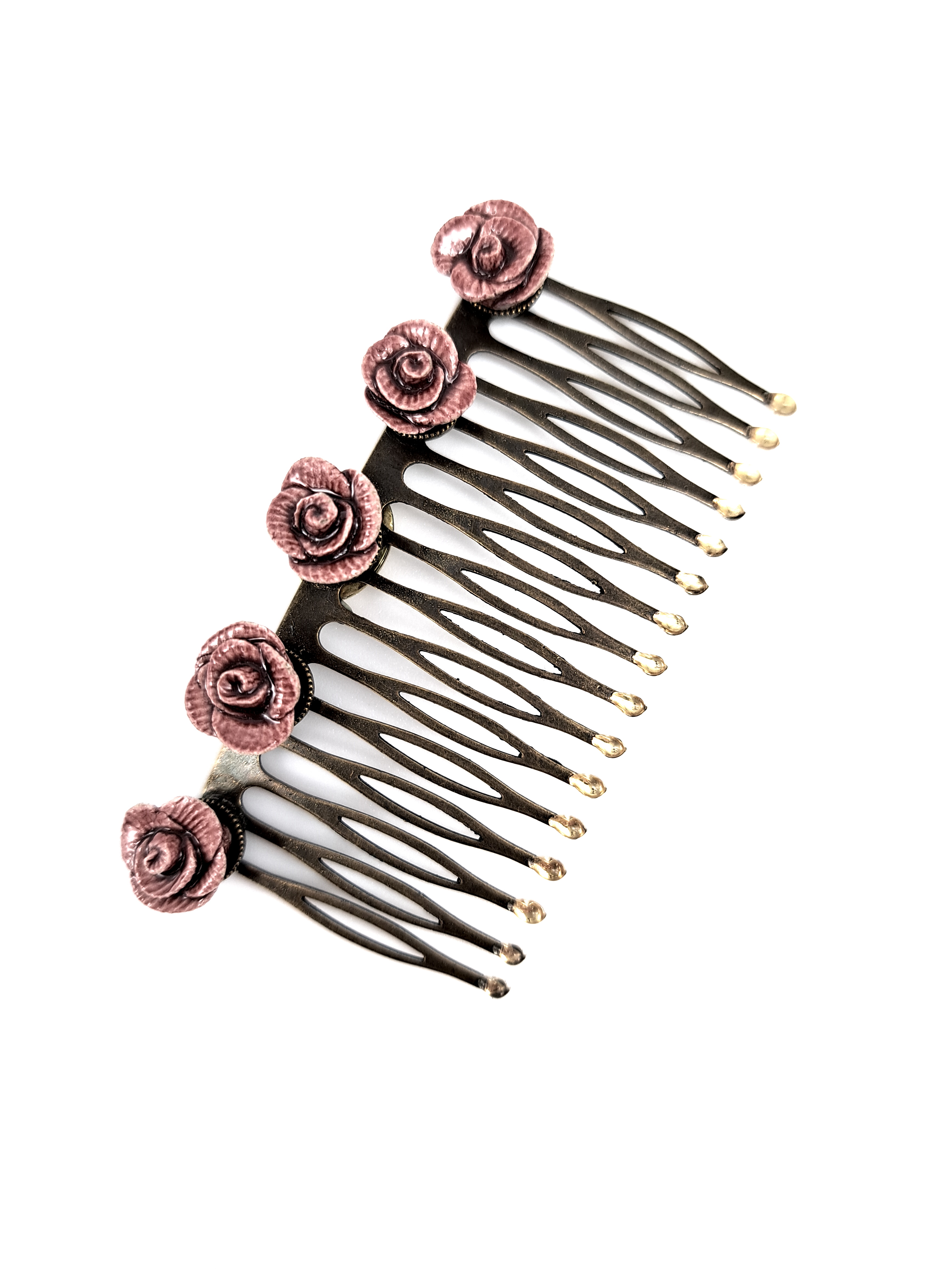 Vintage-Look Haarkamm, Antikgold mit Rosé Blumen