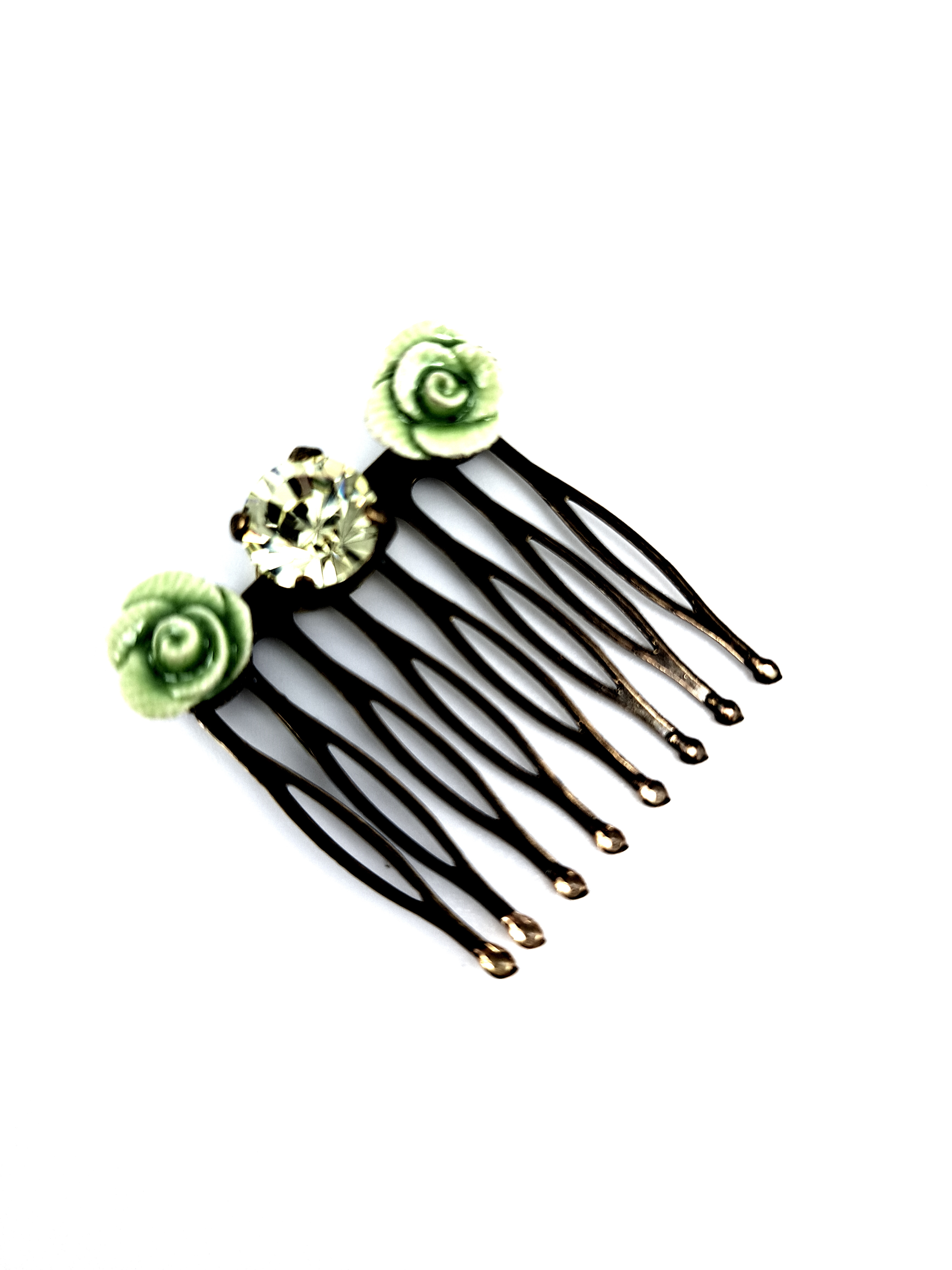 Vintage-Look Haarkamm, Antikgold mit Strass und grünen Blumen