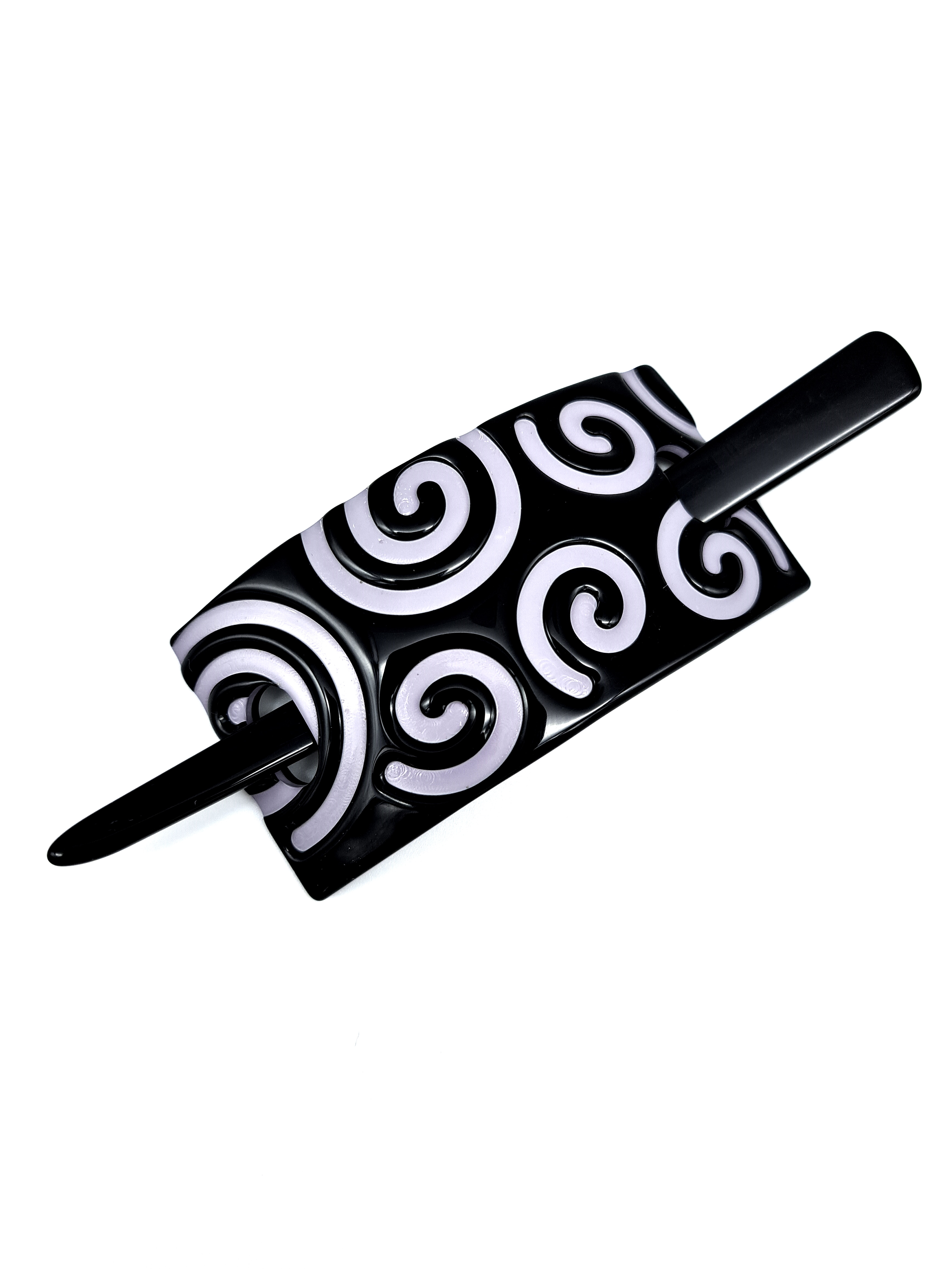 Haarspange mit Stab, Schwarz mit Spiralen in Flieder